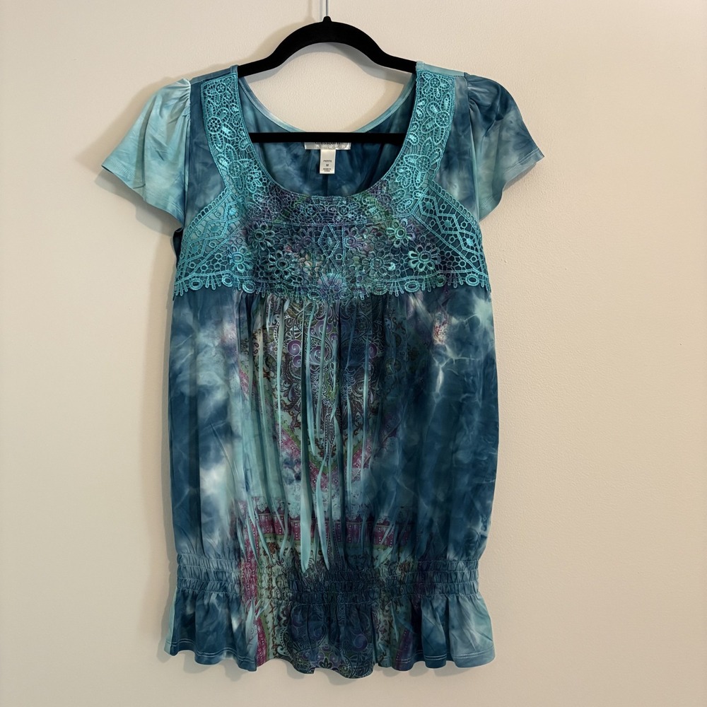Y2K Fairy Crochet Pleated Drop Waist Paisley Top Sz M Petite Stretch Boho Hippie